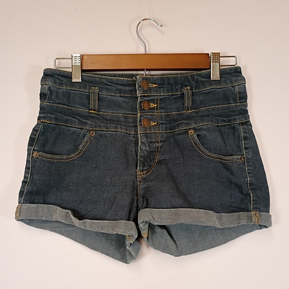 Retro Indie Mossimo Womens 6/28 Blue High Rise Multi Button Cuffed Denim Shorts